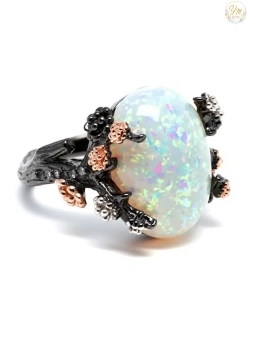 Gothic Opal Ring with CZ Accents Black Rose Gold Plated Copper
